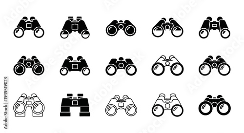 Binoculars Icon Set: Collection of Various Optical Zoom Lens Designs for Observation and Exploration