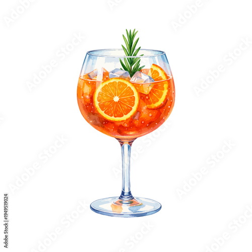 A watercolor vector of an Aperol spritz cocktail with orange slices and rosemary garnish for bar drink illustrations, summer cocktail menus, and refreshing beverage designs.