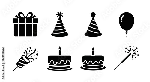 Birthday Party Icons: Gift, Cakes, Hats, Balloon, Confetti, Sparkler - Black and White