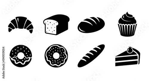 Bakery Icon Set: Croissant, Bread Loaf, Donut, Muffin, Baguette, Cake Slice