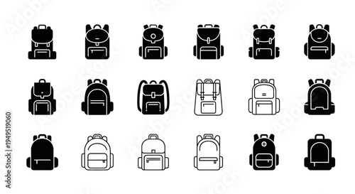 Backpack Icons Set: Collection of Diverse Backpack Styles for Travel, School, and Outdoor Adventures