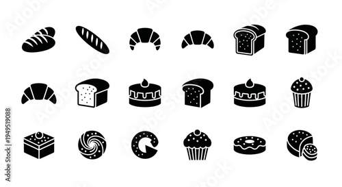 Bakery Icons Set: Bread, Croissant, Cake, Cupcake, Donut, Pastries - Vector Graphics