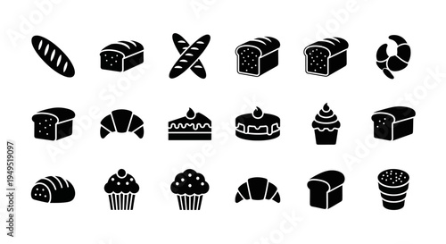 Bakery Icons Set: Bread, Croissant, Cupcake, Cake - Vector Graphics