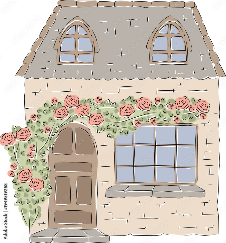 Fototapeta premium Cottage With Rose Vine Sketch