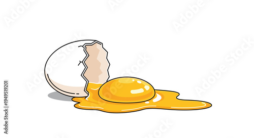 A single broken egg with an elongated yellow yolk and spilled white lies on a flat white surface.