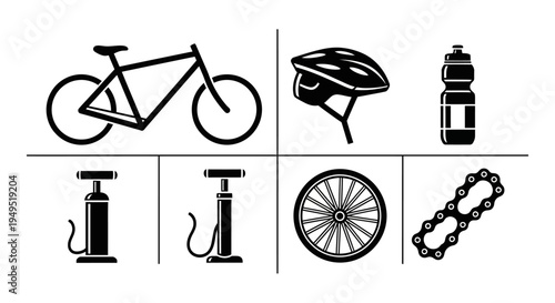 Bicycle Accessories Icons: Bike, Helmet, Water Bottle, Pumps, Wheel, Chain