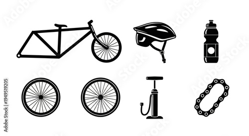 Bicycle Accessories Icon Set: Tandem Bike, Helmet, Water Bottle, Wheels, Pump, Chain