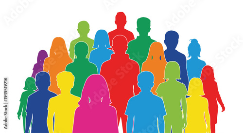 A dense crowd of twenty-two diverse, colorful human silhouettes stands together, filling the lower half of the frame.