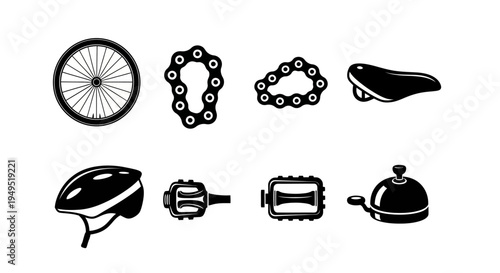 Bicycle Parts Icons: Wheel, Chains, Seat, Helmet, Pedals, Bell - Black and White Vector Set
