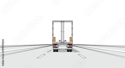 A white semi-truck with a box trailer drives directly away from the viewer, seen from the rear, on a grey road.