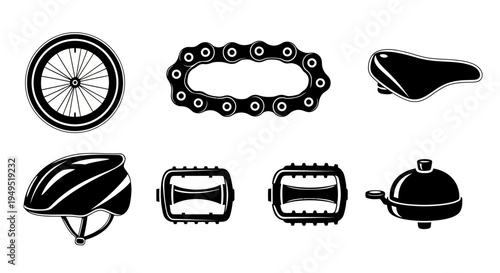 Bicycle Parts Icons: Wheel, Chain, Seat, Helmet, Pedals, Bell - Black and White Vector Graphics