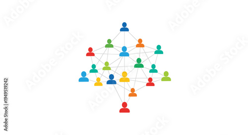 A network of fifteen interconnected, colorful human-like figures is arranged in a star-like pattern on a white background.