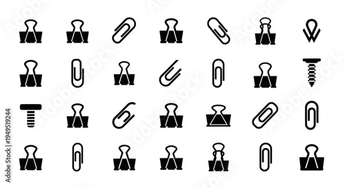 Binder Clips and Paper Clips Collection: Office Supplies Icons