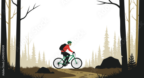 A single person on a mountain bike rides along a dirt path through a dense, silhouetted forest with misty background trees.