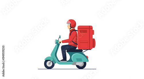 A delivery person in a red jacket and helmet rides a light blue scooter with a large red box on the back.