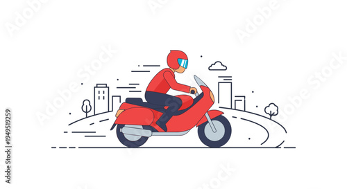 A person in a red helmet and jacket rides a red scooter with motion lines against a minimalist city outline.