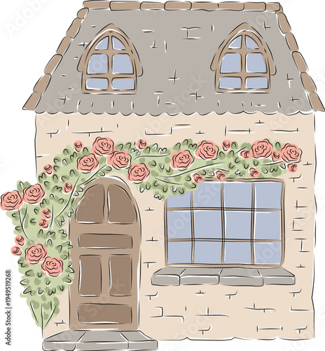 Cottage With Rose Vine Sketch