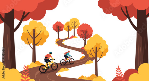 Two cyclists ride on a winding road through a vibrant autumn forest with red and yellow foliage.