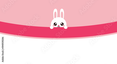 A small white cartoon rabbit peeks over a curved dark pink band against a light pink and white background.