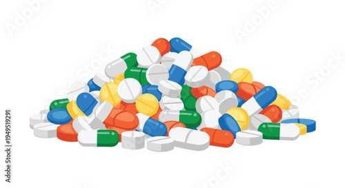 A large, colorful pile of various pills and capsules is heaped centrally on a plain white background.