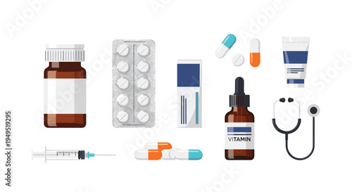 Various medical supplies, including bottles, pills, a syringe, and a stethoscope, are neatly arranged on a white background.