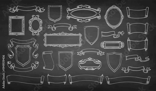 Collection of hand-drawn frames, heraldic shield and ribbon banners. Chalk sketch on blackboard background. Vintage engraving illustration.