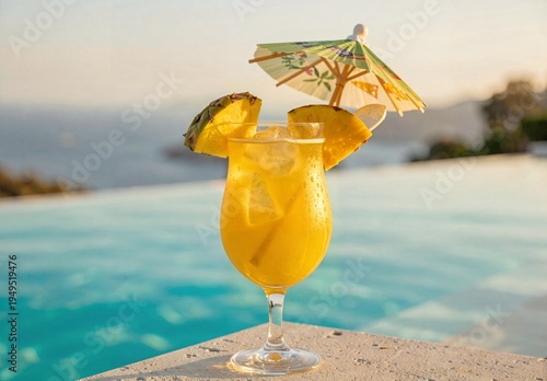 Tropical Cocktail on Infinity Pool Edge with Turquoise Water and Mediterranean Sea Horizon