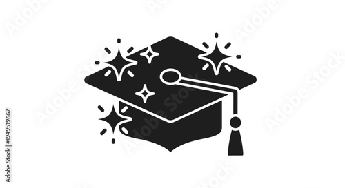 Black Graduation Cap Icon with Tassel.