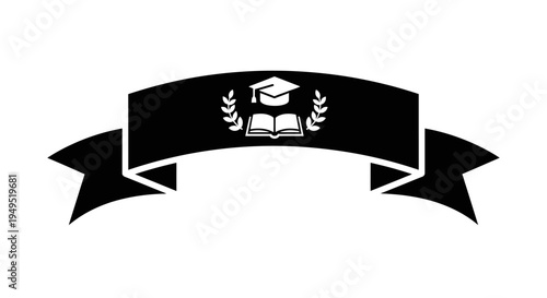 Black Ribbon with Graduation Cap Icon.