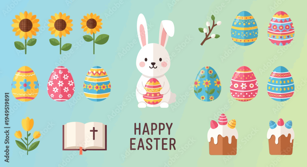 Fototapeta premium Happy Easter Bunny, Eggs, Flowers, and Bible Illustration - Festive Spring Holiday Celebration
