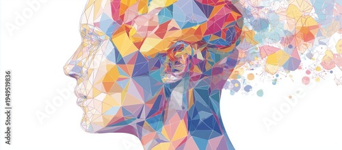 abstract polygonal human head with a colorful brain on a white background illustration of an artificial intelligence concept and digital technology design for a banner or poster template Generative AI