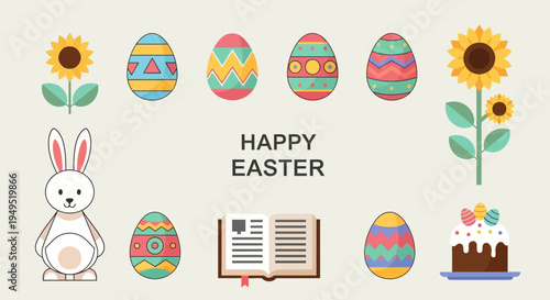 Happy Easter Bunny, Eggs, Cake, Book & Sunflowers - Festive Spring Holiday Greeting