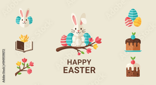 Happy Easter Bunny, Eggs, Cakes and Flowers - Festive Spring Holiday Illustration