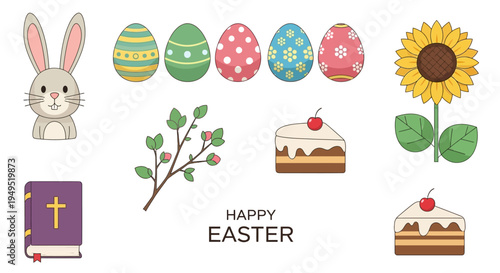 Happy Easter bunny, decorated eggs, sunflower, cake, bible, and spring branch on white background