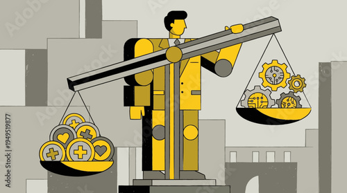 Business balance concept, scale weighing healthcare medical costs against AI technology and automation gears, corporate vector illustration.