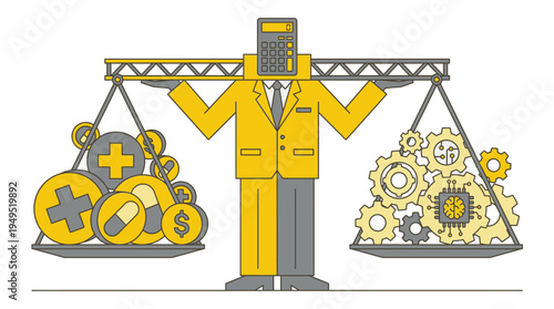 Business balance concept, scale weighing healthcare medical costs against AI technology and automation gears, corporate vector illustration.