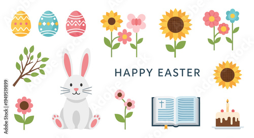 Happy Easter Bunny, Eggs, Flowers, Bible, Cake & Sunflowers - Festive Spring Celebration