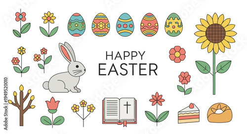 Happy Easter illustration with bunny, eggs, flowers, bible, cake, and sunflower