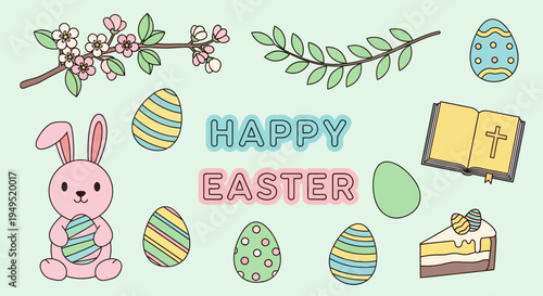 Cute Easter Bunny Holding Egg, Decorated Eggs, Flowers, Bible, Cake, Happy Easter Text