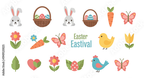 Easter Festival Icons: Bunnies, Eggs, Baskets, Chicks, Carrots, Butterflies, Flowers