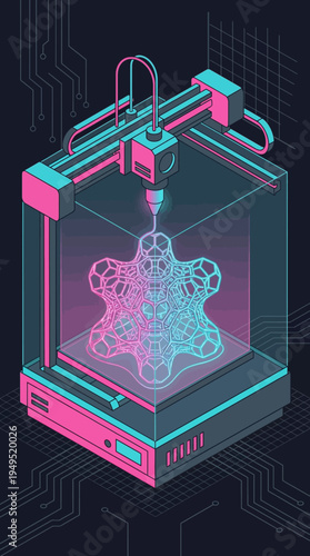 Isometric 3D printer fabricating a complex geometric molecular structure, futuristic neon cyberpunk technology concept, vector illustration.