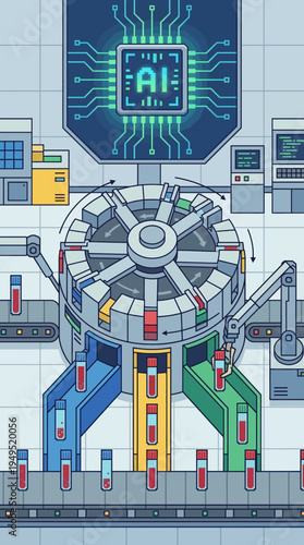 AI artificial intelligence machine sorting medical blood sample tubes in automated laboratory, futuristic robotic lab testing concept, flat vector.