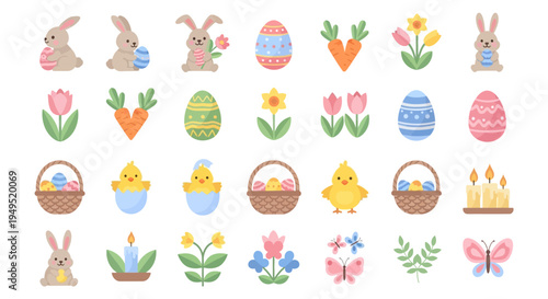 Easter Icons Collection: Bunnies, Eggs, Chicks, Carrots, Flowers, Baskets