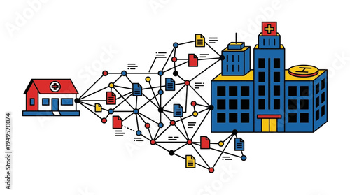 Medical data network concept, hospital and clinic connected by electronic health records and digital information nodes, vector illustration.