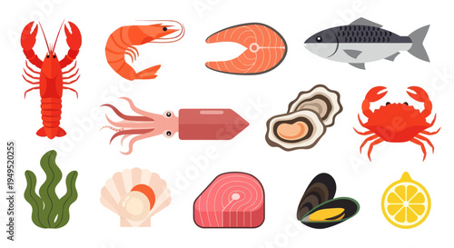 Seafood assortment lobster shrimp fish and more