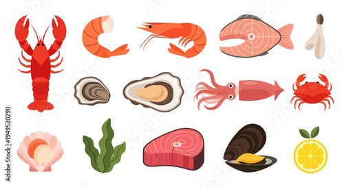 Seafood assortment on white background