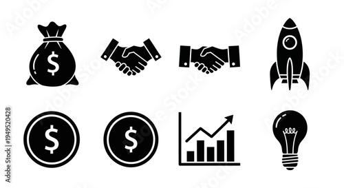 Business Icons Set: Money Bag, Handshake, Rocket, Coins, Graph, Lightbulb - Startup Concept