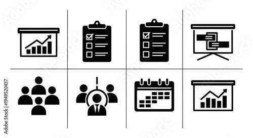 Business Icons Set: Presentation, Checklist, Team, Calendar, Recruitment, Analytics
