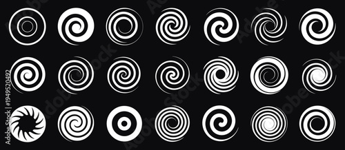Funnel and Swirl Icon Set, Black Spiral Vortex Logo Collection with Abstract Funnel Shapes, Dynamic Spiral Elements for Branding, Technology, Motion Graphics and Modern Vector Design