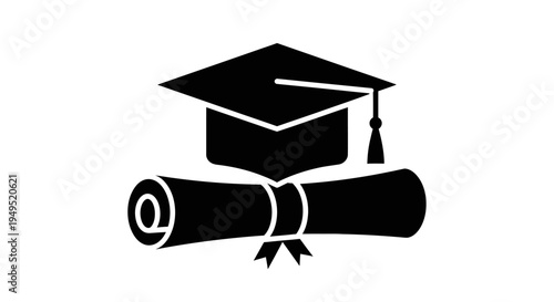 Graduation Cap and Diploma Illustration Icon.